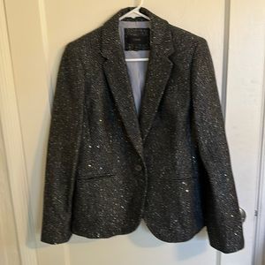 J. Crew Black & Dark Grey Tweed Suit Jacket w/ Silver Metallic Sequins Size 12